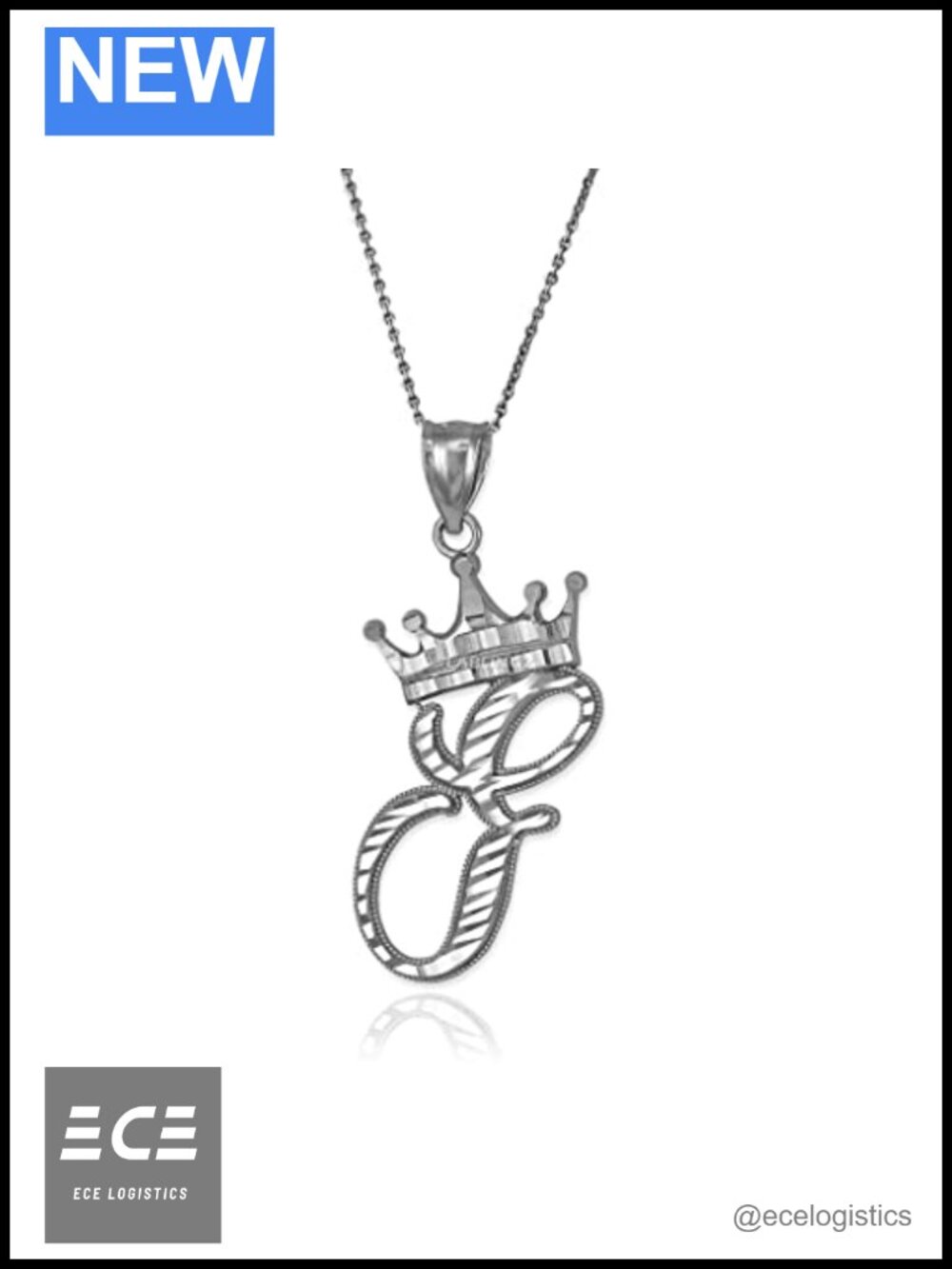 Sterling Silver Letter F Initial Cursive Crown Pendant Necklace 18 Inch